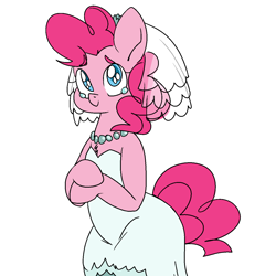 Size: 1248x1248 | Tagged: safe, artist:/d/non, pinkie pie, earth pony, pony, semi-anthro, 30 minute art challenge, bride, clothes, crying, cute, diapinkes, dress, female, happy, jewelry, necklace, pearl necklace, simple background, smiling, solo, wedding dress, white background