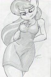 Size: 1656x2494 | Tagged: safe, artist:zemer, octavia melody, anthro, earth pony, black dress, breasts, cheek fluff, chest fluff, cleavage, clothes, dress, ear fluff, elbow fluff, female, hand behind back, hand on chest, large voluminous hair, little black dress, looking at you, monochrome, orbtavia, shoulder fluff, smiling, solo, traditional art