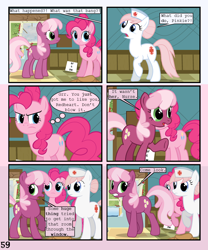 Size: 900x1080 | Tagged: safe, artist:lister-of-smeg, cheerilee, nurse redheart, pinkie pie, pony, comic:zap-o-lantern, comic, hat