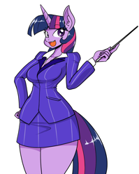 Size: 1020x1280 | Tagged: dead source, safe, artist:reiduran, derpibooru import, twilight sparkle, anthro, breasts, cleavage, clothes, female, hand on hip, open mouth, skirt, skirt suit, smiling, solo, suit