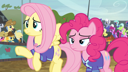 Size: 1920x1080 | Tagged: safe, screencap, fluttershy, pinkie pie, earth pony, pegasus, pony, buckball season, female, mare, wings