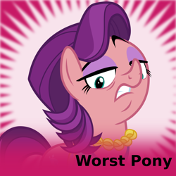 Size: 1024x1024 | Tagged: safe, artist:cheezedoodle96, spoiled rich, pony, derpibooru, female, frown, glare, gritted teeth, looking at you, mare, meta, official spoiler image, pun in description, solo, spoilered image joke, vector, worst pony