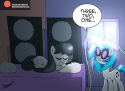 Size: 1024x745 | Tagged: safe, artist:ringteam, dj pon-3, octavia melody, vinyl scratch, earth pony, pony, unicorn, bed, bedroom, cables, dialogue, glasses, morning, patreon, patreon logo, sleeping, speakers, this will end in deafness, this will end in divorce, this will end in pain, this will end in tears, this will not end well, window