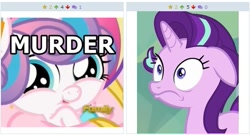 Size: 511x276 | Tagged: safe, edit, edited screencap, screencap, princess flurry heart, starlight glimmer, pony, unicorn, the crystalling, derpibooru, exploitable meme, juxtaposition, juxtaposition win, meme, meta, murder