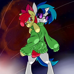 Size: 1000x1000 | Tagged: safe, artist:graphic-lee, apple bloom, dj pon-3, vinyl scratch, pony, bipedal, clothes, crack shipping, female, inside, lesbian, shipping, sweater, vinylbloom