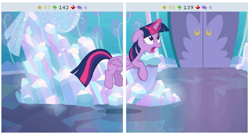 Size: 515x277 | Tagged: safe, derpibooru import, screencap, twilight sparkle, twilight sparkle (alicorn), alicorn, pony, the crystalling, crystal castle, crystal empire, derpibooru, forced juxtaposition, jumping, juxtaposition, meme, meta