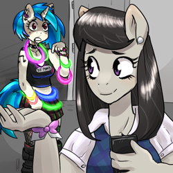 Size: 800x800 | Tagged: safe, artist:lucidlarceny, dj pon-3, octavia melody, vinyl scratch, anthro, clothes, duo, ear piercing, earring, female, glow rings, glowstick, jewelry, piercing