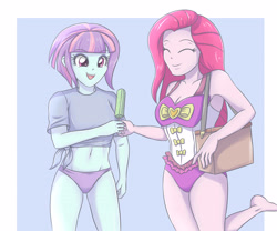 Size: 3897x3248 | Tagged: safe, artist:sumin6301, pinkie pie, sunny flare, better together, equestria girls, belly button, bikini, breasts, clothes, eyes closed, female, food, midriff, one-piece swimsuit, popsicle, raised leg, smiling, swimsuit