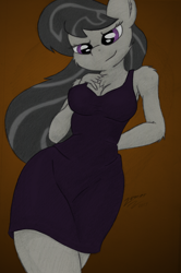 Size: 1656x2494 | Tagged: safe, artist:zemer, octavia melody, anthro, earth pony, black dress, breasts, cheek fluff, chest fluff, cleavage, clothes, colored, dress, ear fluff, elbow fluff, female, hand behind back, hand on chest, large voluminous hair, little black dress, looking at you, orbtavia, shoulder fluff, smiling, solo, traditional art