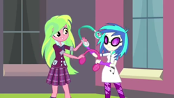 Size: 1136x640 | Tagged: safe, screencap, dj pon-3, lemon zest, vinyl scratch, equestria girls, friendship games, friendship games bloopers