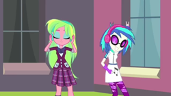 Size: 1136x640 | Tagged: safe, screencap, dj pon-3, lemon zest, vinyl scratch, equestria girls, friendship games, friendship games bloopers