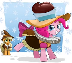 Size: 1000x877 | Tagged: safe, artist:bojack_mlplove, applejack, chancellor puddinghead, pinkie pie, smart cookie, earth pony, pony, hearth's warming eve (episode), clothes, duo, looking at you, ruff (clothing), smiling, snow, snowflake