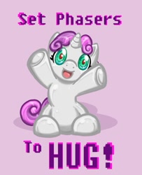 Size: 791x975 | Tagged: safe, artist:melle-d, sweetie belle, sweetie bot, pony, robot, robot pony, unicorn, female, filly, foal, hooves, horn, hug request, looking at you, open mouth, set phasers to hug, simple background, sitting, solo