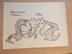 Size: 1210x907 | Tagged: safe, artist:stink111, angel bunny, fluttershy, pegasus, pony, inktober, monochrome, sleeping, traditional art