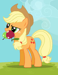 Size: 322x420 | Tagged: safe, artist:mobubbles, applejack, earth pony, pony, apple, biting, cloud, cowboy hat, female, food, grass, green apple, hat, mare, mouth hold, ms paint, red apple, solo, that pony sure does love apples