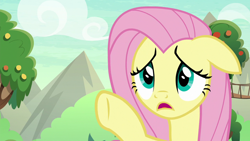 Size: 1280x720 | Tagged: safe, screencap, fluttershy, pegasus, pony, sounds of silence, female, floppy ears, mare, open mouth, raised hoof, solo