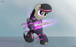 Size: 2560x1600 | Tagged: safe, artist:ashtoneer, octavia melody, earth pony, pony, armor, bipedal, crossover, magic, solo, sword, weapon