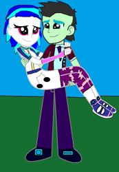 Size: 707x1024 | Tagged: safe, artist:cg1995, dj pon-3, neon lights, rising star, vinyl scratch, equestria girls, friendship games, bridal carry, clothes, crystal prep academy uniform, female, male, school uniform, shipping, straight, vinylights