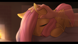 Size: 3000x1700 | Tagged: safe, artist:captainpudgemuffin, fluttershy, human, pegasus, pony, commission, cute, digital art, duo, ear scratch, eyes closed, female, fireplace, hand, high res, mare, petting, shyabetes, sleeping, solo focus