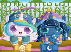 Size: 1500x1100 | Tagged: safe, artist:berrypawnch, princess celestia, princess luna, alicorn, bear, pony, ursa, ursa minor, backwards ballcap, baseball cap, berrypawnch is trying to murder us, cap, chibi, clothes, constellation, cute, cutie mark, duo, ethereal mane, hat, mouth hold, no nose, pajamas, propeller hat, royal sisters, sleepy, starry mane, teddy bear