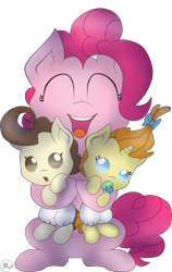 Size: 1024x1617 | Tagged: safe, artist:pinkiepie6680, pinkie pie, pound cake, pumpkin cake, pony, diaper, hug, simple background, sitting, transparent background