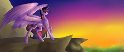 Size: 2834x1200 | Tagged: safe, artist:endidjprime, derpibooru import, twilight sparkle, twilight sparkle (alicorn), alicorn, pony, cliff, large wings, solo, spread wings, sunset, twilight (astronomy)