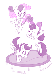 Size: 846x1200 | Tagged: safe, artist:dstears, apple bloom, scootaloo, sweetie belle, adorabloom, bouncing, cute, cutealoo, cutie mark, cutie mark crusaders, diasweetes, jumping, monochrome, simple background, the cmc's cutie marks, trampoline, white background