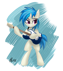 Size: 2250x2543 | Tagged: safe, artist:drizziedoodles, dj pon-3, vinyl scratch, pony, semi-anthro, alternate hairstyle, bipedal, guitar, solo