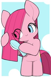 Size: 739x1123 | Tagged: safe, artist:ccc, pinkie pie, earth pony, pony, bipedal, brushie, brushing, cute, cuteamena, female, hairbrush, mare, pinkamena diane pie, solo