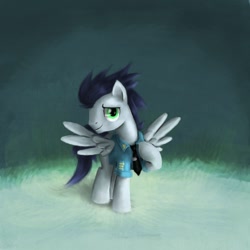 Size: 600x600 | Tagged: safe, artist:xx-mr-no-name-xx, soarin', pegasus, pony, clothes, male, raised hoof, solo, spread wings, stallion, wings, wonderbolts dress uniform