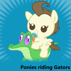 Size: 819x819 | Tagged: safe, gummy, pound cake, pony, baby, baby pony, cute, derpibooru, gummybetes, meta, pacifier, ponies riding gators, poundabetes, riding, spoilered image joke, tags