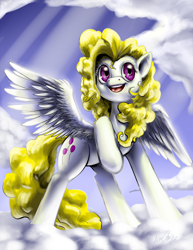 Size: 800x1035 | Tagged: safe, artist:aphexangel, surprise, pegasus, pony, g1, cloud, crepuscular rays, female, g1 to g4, generation leap, mare, raised hoof, smiling, solo, spread wings, wings