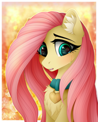 Size: 1945x2410 | Tagged: safe, artist:vird-gi, fluttershy, pegasus, pony, abstract background, adorasexy, beautiful, bust, chest fluff, collar, crying, cute, ear fluff, female, flutterpet, looking away, looking down, mare, open mouth, pony pet, portrait, sad, sadorable, shyabetes, solo