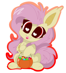 Size: 3207x3511 | Tagged: safe, artist:kittyrosie, fluttershy, bat pony, pony, cute, female, flutterbat, head tilt, heart eyes, looking at you, open mouth, outline, pumpkin, pumpkin bucket, race swap, shyabates, shyabetes, simple background, sitting, smiling, solo, transparent background, wingding eyes