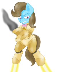 Size: 2300x2890 | Tagged: safe, artist:blackbewhite2k7, beauty brass, pony, arm cannon, bipedal, brassmare, commission, crossover, floating, iron man, iron mare, marvel, parody, powered exoskeleton, simple background, smoke, solo, transparent background, vector