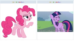 Size: 514x283 | Tagged: safe, derpibooru import, screencap, pinkie pie, twilight sparkle, earth pony, pony, derpibooru, exploitable meme, image macro, juxtaposition, juxtaposition win, meme, meta, tsundere