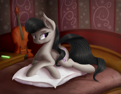 Size: 5000x3891 | Tagged: safe, artist:quefortia, octavia melody, earth pony, pony, absurd resolution, bed, cello, ear fluff, glowstick, musical instrument, pillow, prone, solo