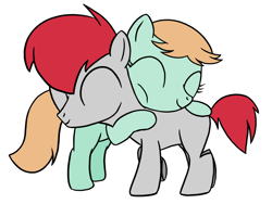 Size: 1378x1036 | Tagged: safe, artist:dindu norgay, peach fuzz, train tracks (character), earth pony, pony, colt, duo, eyes closed, female, filly, male, peachtrain, shipping, simple background, straight, white background