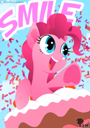 Size: 3508x4961 | Tagged: safe, artist:edonovaillustrator, pinkie pie, earth pony, pony, cake, confetti, female, food, lineless, mare, open mouth, raised hoof, smiling, solo, text, underhoof