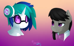 Size: 1600x1000 | Tagged: safe, artist:shan3ng, dj pon-3, octavia melody, vinyl scratch, earth pony, pony, unicorn, bust, female, gradient background, headphones, mare, portrait