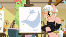 Size: 1280x716 | Tagged: safe, edit, edited screencap, screencap, on your marks, andy warhol, derpibooru, discovery family logo, exploitable meme, meme, meta, painting, pop art (character)