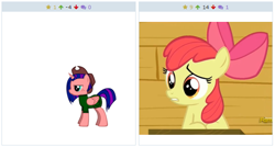 Size: 516x276 | Tagged: safe, apple bloom, oc, derpibooru, exploitable meme, juxtaposition, juxtaposition win, meme, meta