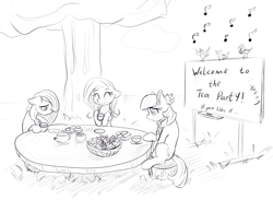 Size: 2353x1718 | Tagged: safe, artist:alcor, coco pommel, fluttershy, marble pie, bird, earth pony, pegasus, pony, cocobetes, cup, cute, eyes closed, female, flower, food, happy, marblebetes, mare, music notes, outdoors, plate, saucer, sitting, smiling, table, tea party, teacup, teapot, text, the council of shy ponies, tree, trio