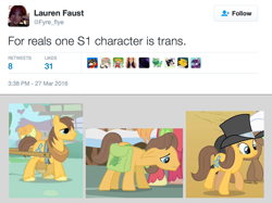 Size: 1219x912 | Tagged: safe, caramel, chance-a-lot, creme brulee, toffee, apple, food, lauren faust, meta, transgender, twitter, word of faust