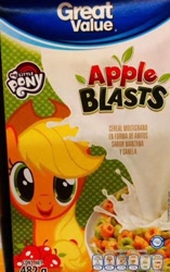 Size: 511x814 | Tagged: safe, applejack, earth pony, pony, apple blasts, apple jacks, cereal, female, food, great value, hat, mare, merchandise, mexico, milk, my little pony, walmart