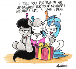 Size: 1617x1466 | Tagged: safe, artist:bobthedalek, dj pon-3, octavia melody, vinyl scratch, oc, oc:mixed melody, oc:octavia's mother, earth pony, pony, bathrobe, big grin, birthday, clothes, hat, hug, octavia is not amused, party hat, present, robe, traditional art, unamused