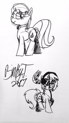 Size: 1836x3264 | Tagged: safe, artist:binkyt11, derpibooru exclusive, dj pon-3, octavia melody, vinyl scratch, earth pony, pony, unicorn, headphones, monochrome, music notes, signature, traditional art