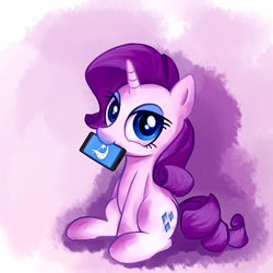 Size: 1600x1600 | Tagged: safe, artist:deliciousblackink, derpibooru import, rarity, pony, unicorn, bedroom eyes, colored pupils, cutie mark, derpibooru, derpibooru logo, ipone, looking at you, meta, mouth hold, nom, phone, sitting, smartphone, smiling, solo, style emulation