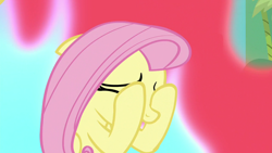 Size: 1280x720 | Tagged: safe, screencap, fluttershy, pegasus, pony, sounds of silence, covering eyes, eyes closed, female, fire, floppy ears, mare, scared, solo