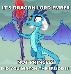 Size: 986x1030 | Tagged: safe, screencap, dragon lord ember, princess ember, dragon, gauntlet of fire, bloodstone scepter, correction, derpibooru, drama, female, image macro, meme, meta, solo